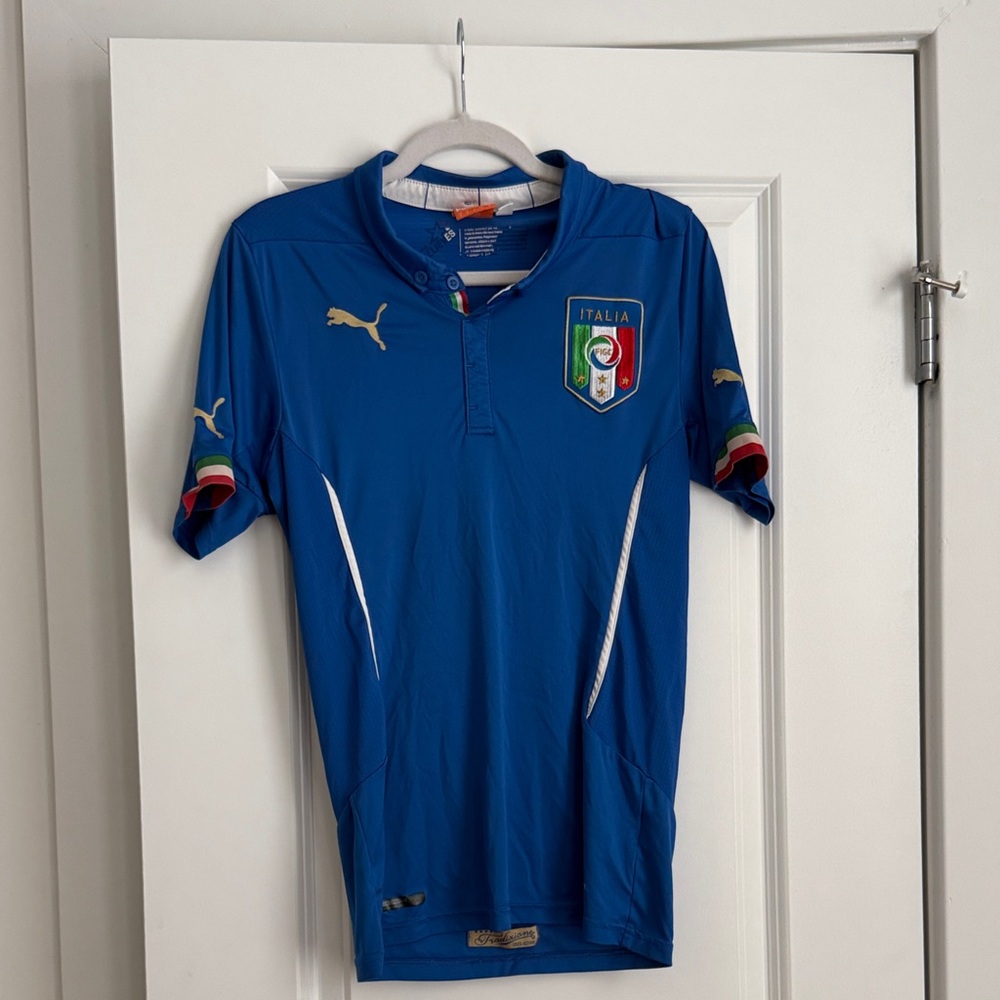 Puma Blue Italy Soccer Jersey with Tricolor Sleeve Trim
